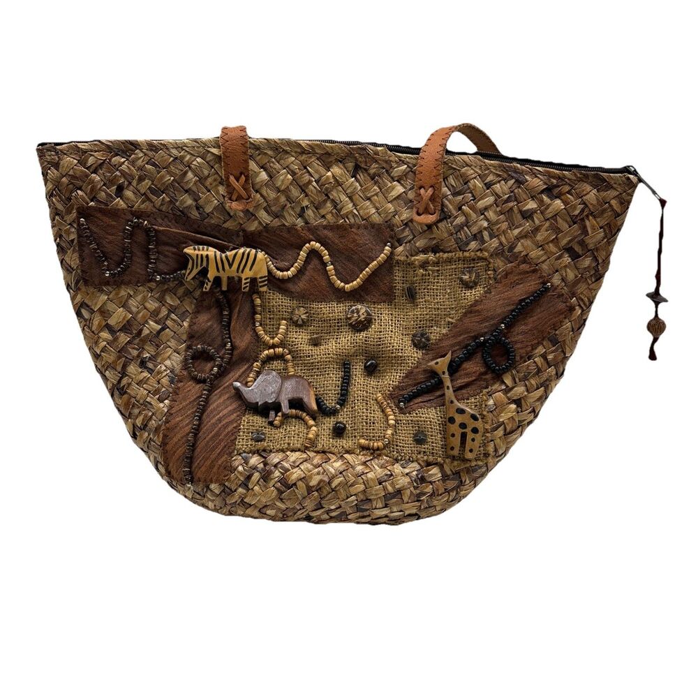 African Style Wicker Hand Bag Purse - With Animal‎ Decor
